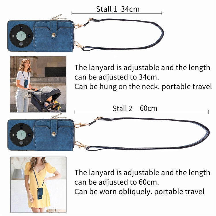 For Huawei Mate 60 Pro Crossbody Multi-function Zipper Wallet Phone Case(Blue)