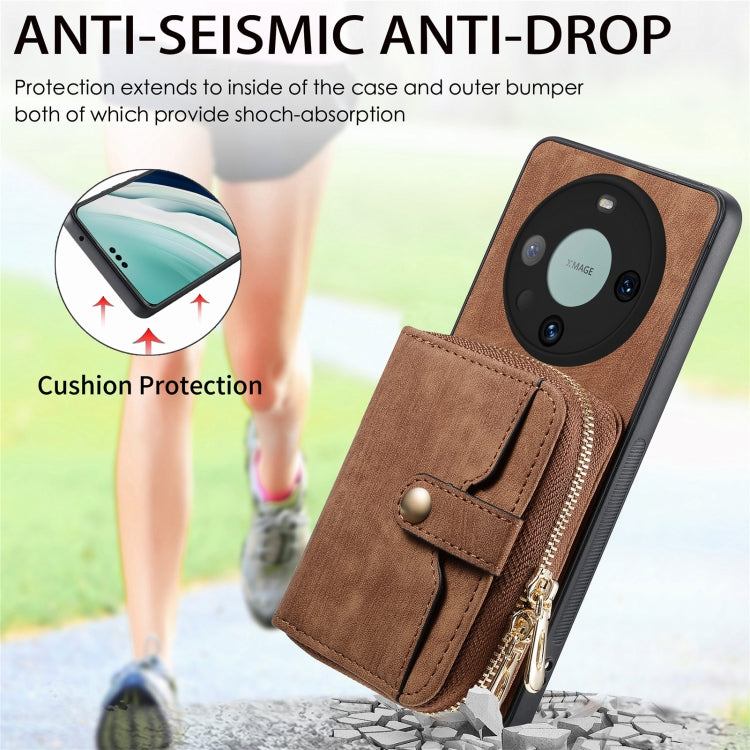 For Huawei Mate 60 Pro Crossbody Multi-function Zipper Wallet Phone Case(Brown)