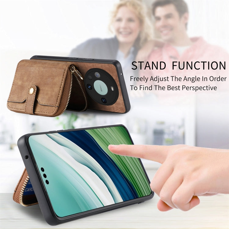 For Huawei Mate 60 Pro Crossbody Multi-function Zipper Wallet Phone Case(Brown)