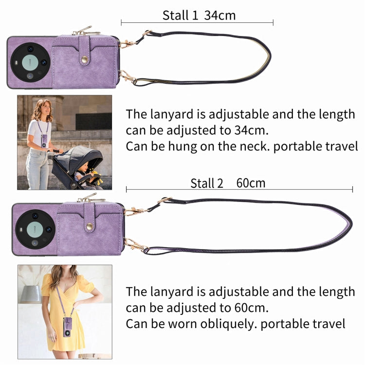 For Huawei Mate 60 Pro Crossbody Multi-function Zipper Wallet Phone Case(Purple)