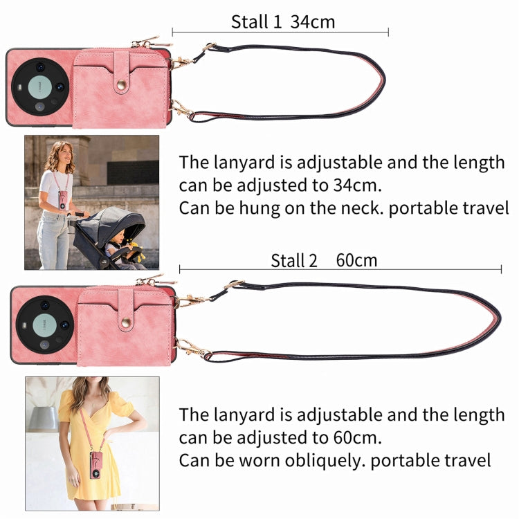 For Huawei Mate 60 Pro Crossbody Multi-function Zipper Wallet Phone Case(Pink)