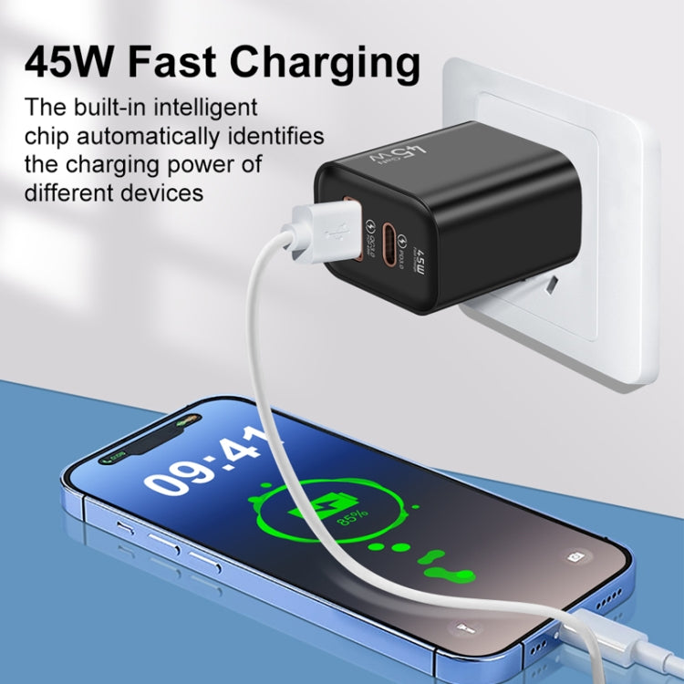 45PQ 45W PD25W + QC3.0 20W USB Super Fast Charger with Type-C to 8 Pin Cable, US Plug(White)