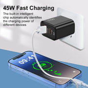 45PQ 45W PD25W + QC3.0 20W USB Super Fast Charger with Type-C to 8 Pin Cable, US Plug(White)