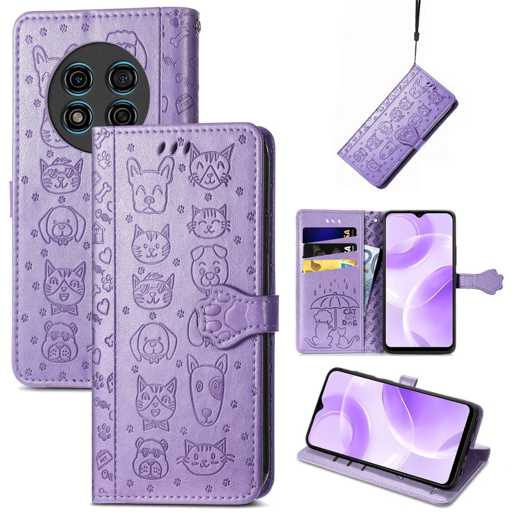 For Ulefone Note 15 Cat and Dog Embossed Leather Phone Case(Purple)