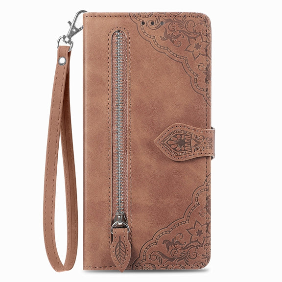 For Motorola Edge 2024 Embossed Flower Zipper Leather Phone Case(Brown)