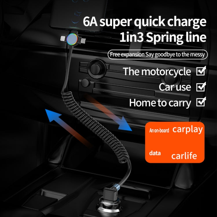 66W 3 in 1 USB Elbow to 8 Pin + Micro USB + USB-C / Type-C Fast Charging Spring Cable(Black)
