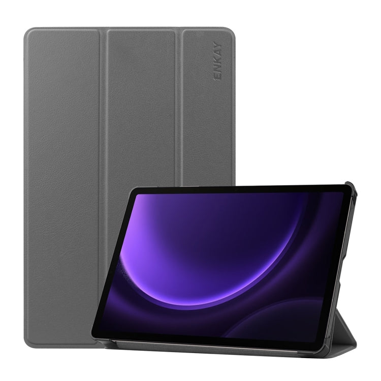 For Samsung Galaxy Tab S9 FE ENKAY Tri-fold Custer Texture Leather Smart Tablet Case(Grey)