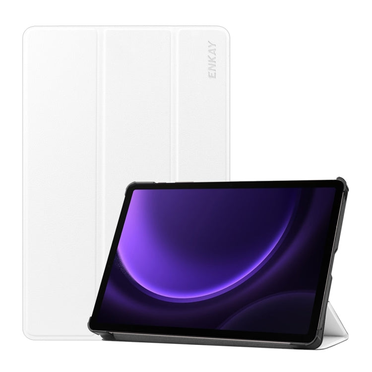 For Samsung Galaxy Tab S9 FE ENKAY Tri-fold Custer Texture Leather Smart Tablet Case(White)