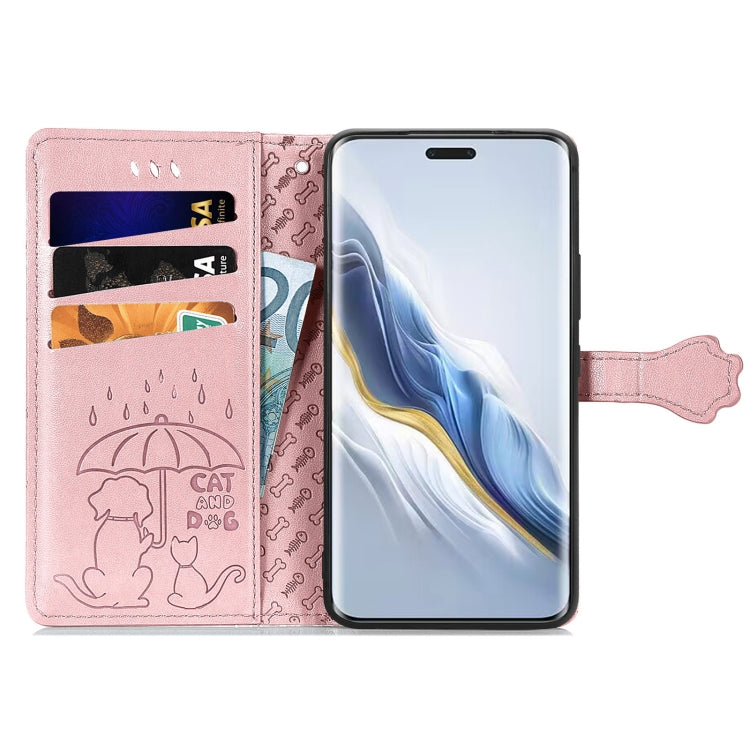 For Honor Magic6 Pro Cat and Dog Embossed Leather Phone Case(Rose Gold)