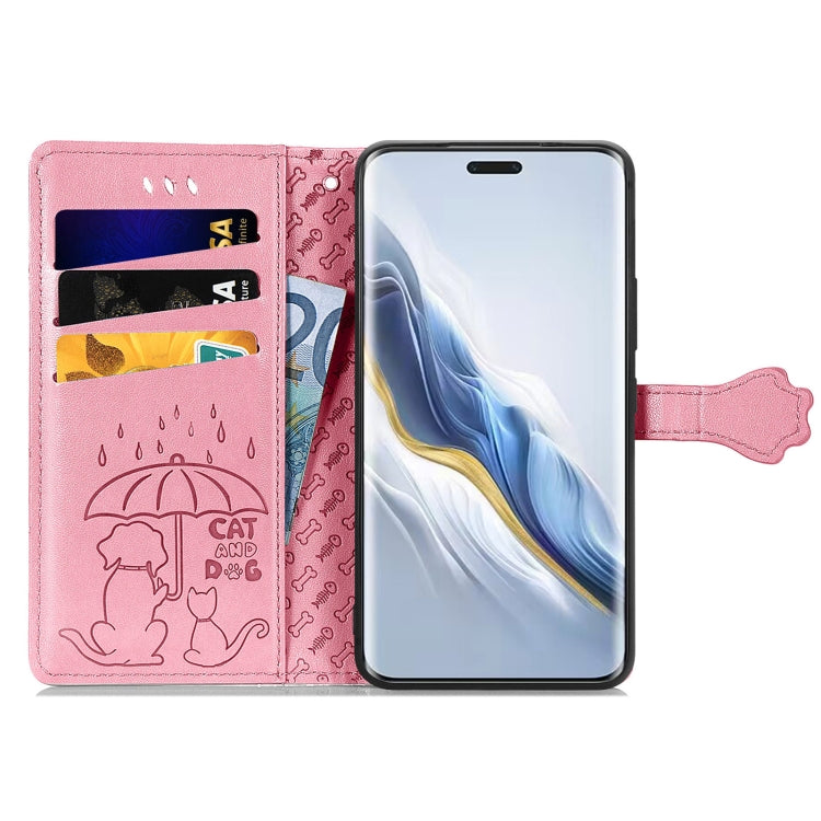 For Honor Magic6 Pro Cat and Dog Embossed Leather Phone Case(Pink)