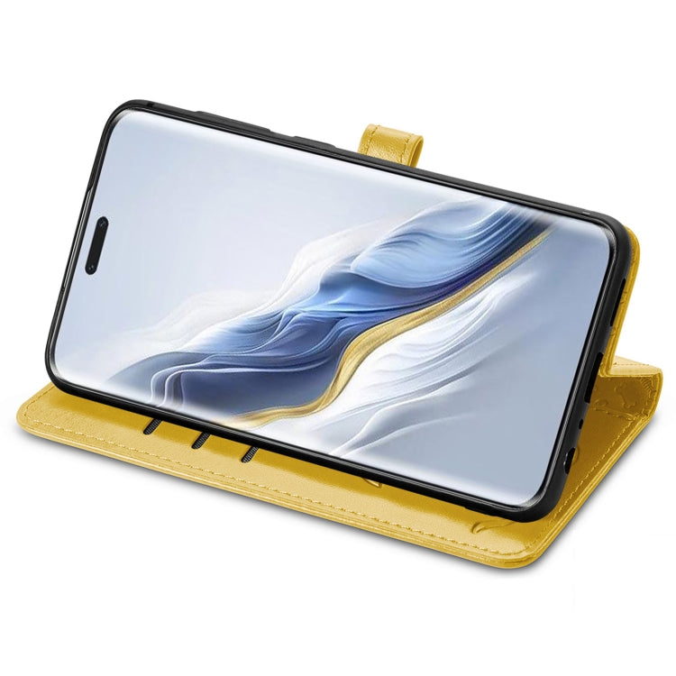 For Honor Magic6 Pro Cat and Dog Embossed Leather Phone Case(Yellow)