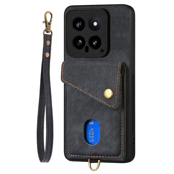 For Xiaomi 14 Retro Card Wallet Fold Leather Phone Case with Strap(Black)