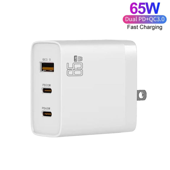 GAN 65W PD45W Dual Type-C+QC3.0 USB Multi Compatible Laptop Adapter AU + US Plug White