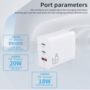 GAN 65W PD45W Dual Type-C+QC3.0 USB Multi Compatible Laptop Adapter EU + US Plug White