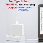 GAN 65W PD45W Dual Type-C / QC3.0 USB  Multi Compatible Charger + 2m USB-C to USB-C Data Cable EU + US Plug Black