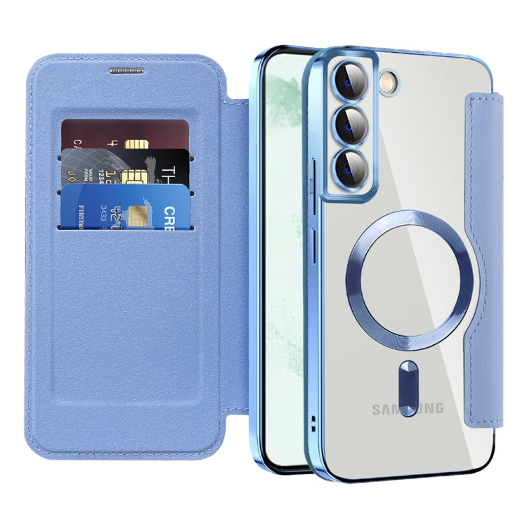 For Samsung Galaxy S22+ 5G Shield MagSafe RFID Anti-theft Leather Phone Case(Blue)