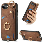 For iPhone 16e Retro Skin-feel Ring Card Bag Phone Case with Hang Loop(Brown)