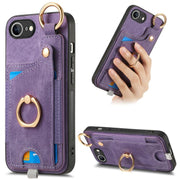 For iPhone 16e Retro Skin-feel Ring Card Bag Phone Case with Hang Loop(Purple)