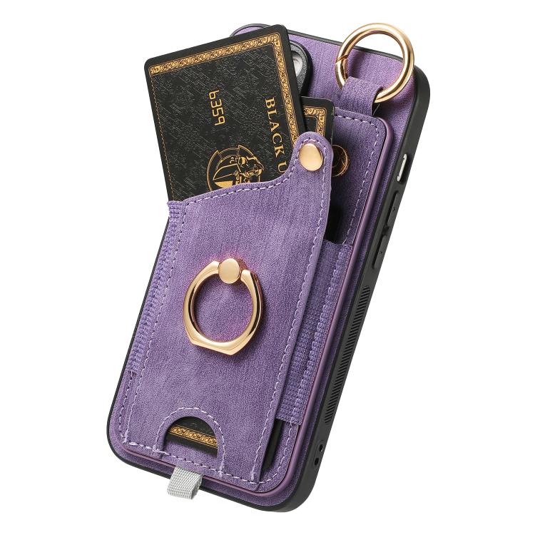 For iPhone 16e Retro Skin-feel Ring Card Bag Phone Case with Hang Loop(Purple)