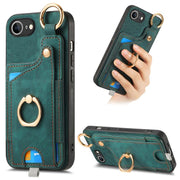 For iPhone 16e Retro Skin-feel Ring Card Bag Phone Case with Hang Loop(Green)