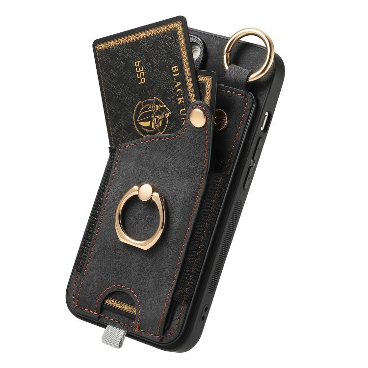 For iPhone 16e Retro Skin-feel Ring Card Bag Phone Case with Hang Loop(Black)