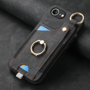 For iPhone 16e Retro Skin-feel Ring Card Bag Phone Case with Hang Loop(Black)