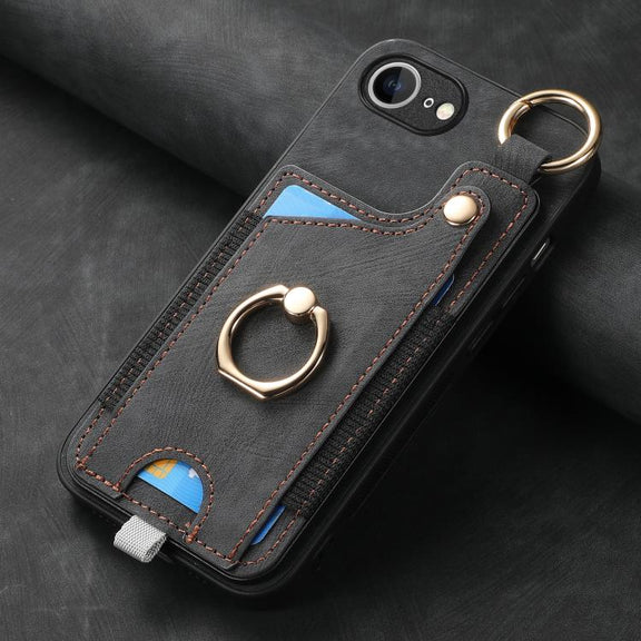For iPhone 16e Retro Skin-feel Ring Card Bag Phone Case with Hang Loop(Black)