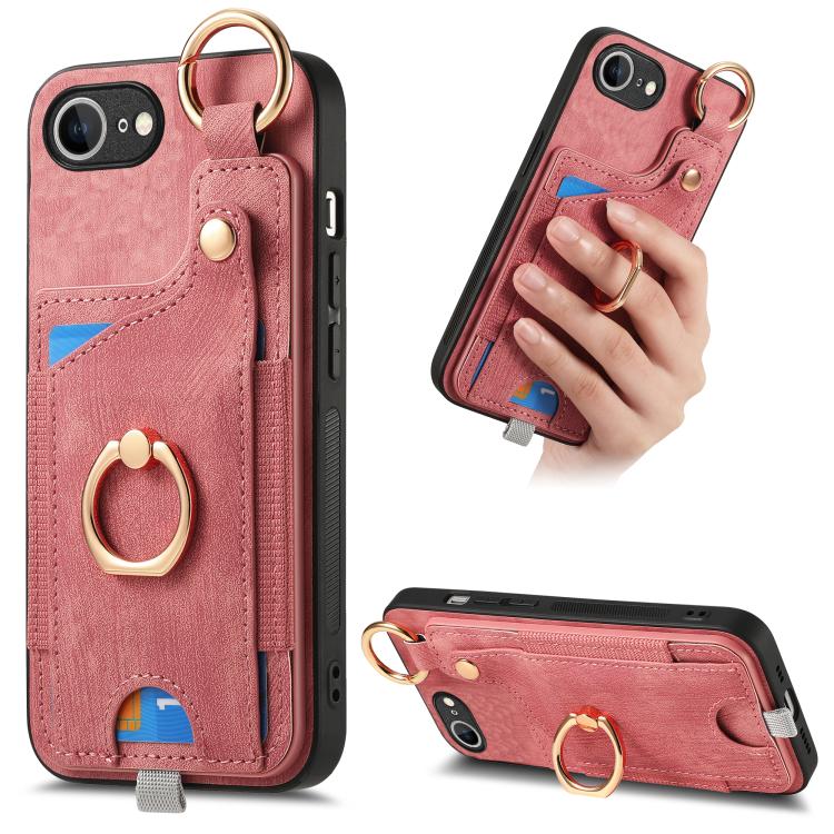 For iPhone SE 2024 Retro Skin-feel Ring Card Bag Phone Case with Hang Loop(Pink)