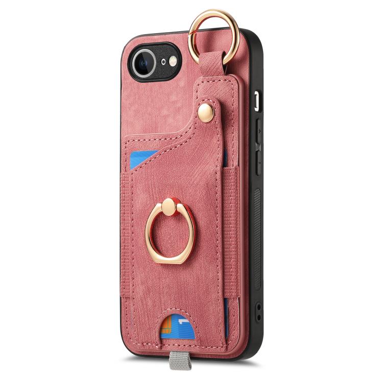 For iPhone SE 2024 Retro Skin-feel Ring Card Bag Phone Case with Hang Loop(Pink)