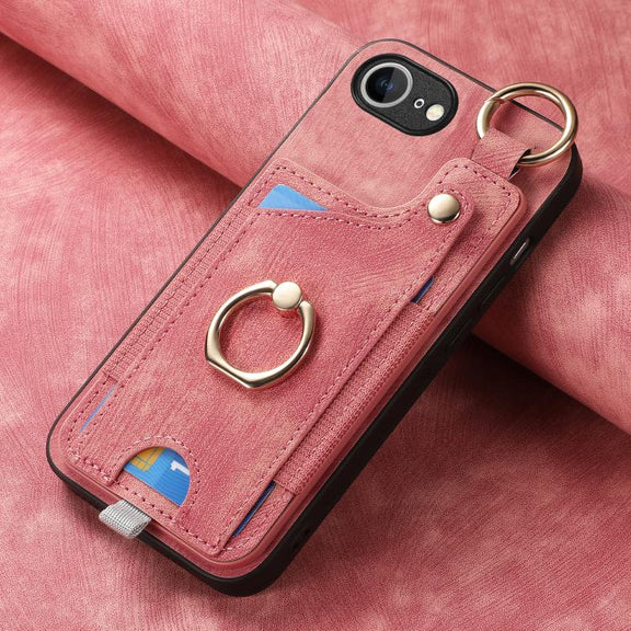 For iPhone SE 2024 Retro Skin-feel Ring Card Bag Phone Case with Hang Loop(Pink)