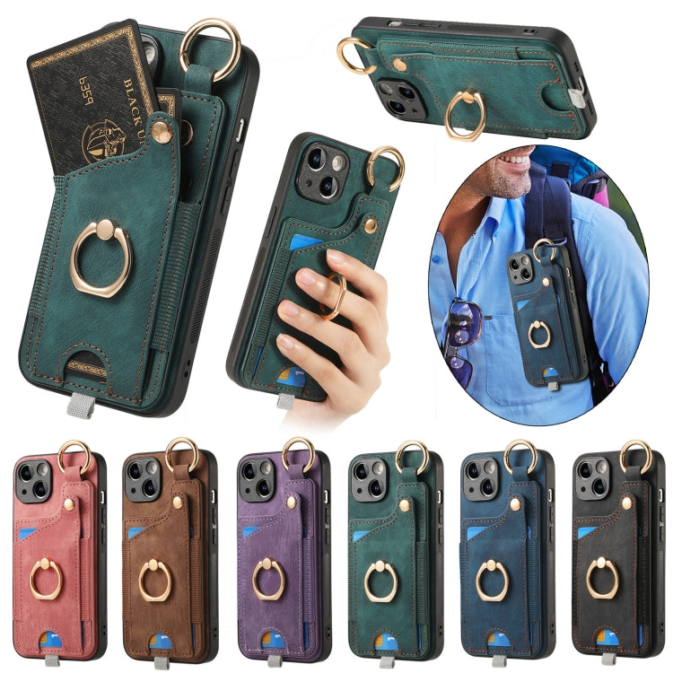 For iPhone 16e Retro Skin-feel Ring Card Bag Phone Case with Hang Loop(Purple)