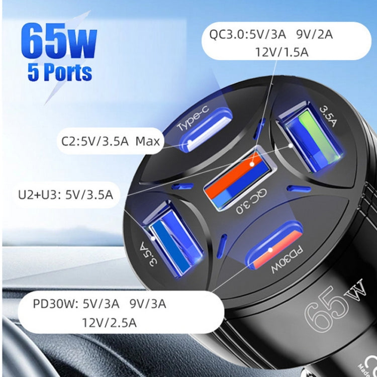 TE-P50 65W PD30W Type-C x 2 + USB x 3 Multi Port Car Charger with 1m Type-C to Type-C Data Cable(White)