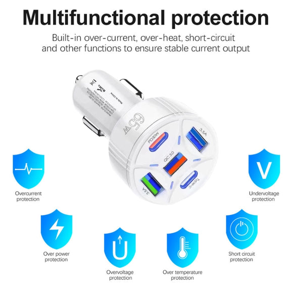 TE-P50 65W PD30W Type-C x 2 + USB x 3 Multi Port Car Charger with 1m Type-C to Type-C Data Cable(White)