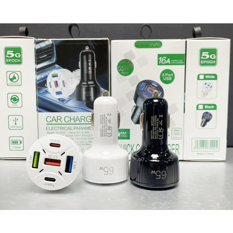 TE-P50 65W PD30W Type-C x 2 + USB x 3 Multi Port Car Charger with 1m Type-C to Type-C Data Cable(White)