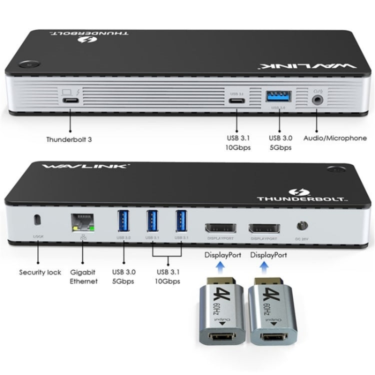 WAVLINK UTD21H 11 in 1 4K Dual DisplayPort Hub Converter Thunderbolt 3 Docking Station, Plug:UK Plug