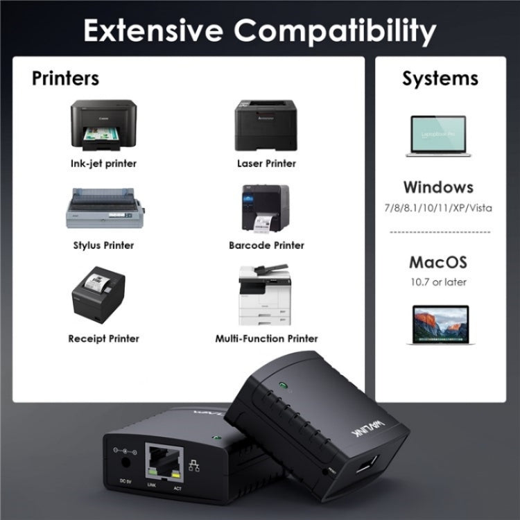 WAVLINK NU72P11 100Mbps Network Print Server USB 2.0 Network Printer Power Adapter(EU Plug)