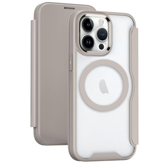 For iPhone 14 Pro MagSafe RFID Blocking Adsorption Flip Leather Phone Case(Khaki)