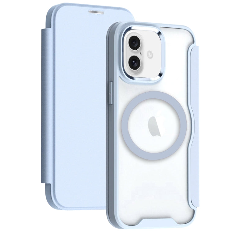For iPhone 16 RFID Blocking Adsorption Flip MagSafe Leather Phone Case(Blue)