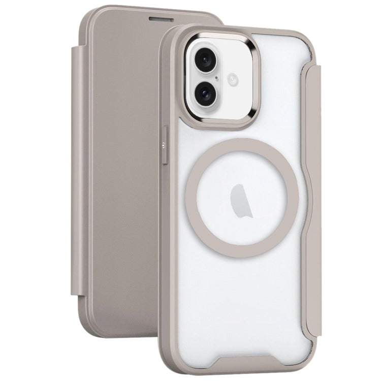 For iPhone 16 RFID Blocking Adsorption Flip MagSafe Leather Phone Case(Khaki)