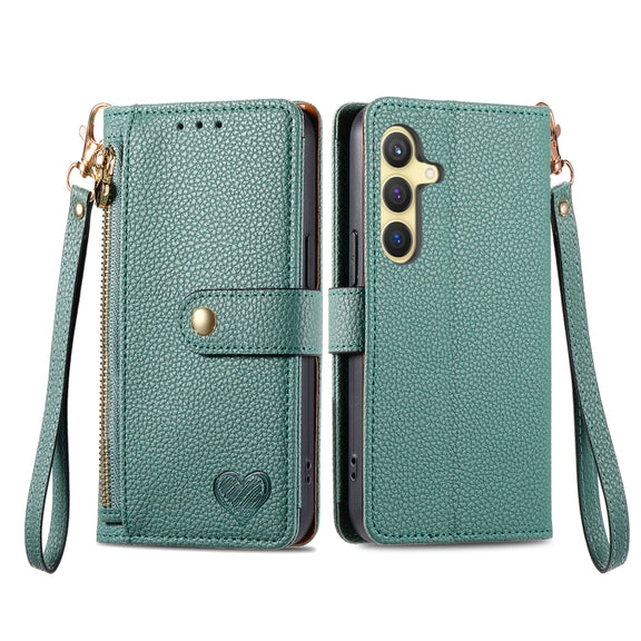 For Samsung Galaxy S24 5G Love Zipper Lanyard Leather Phone Case(Green)