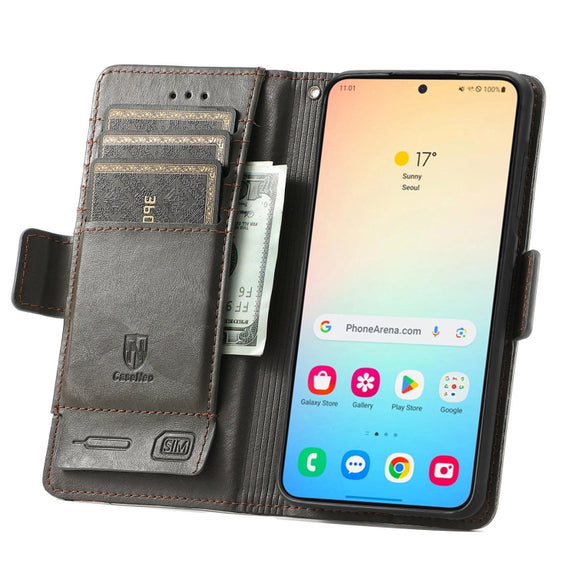 For Samsung Galaxy S25 5G CaseNeo Splicing Dual Magnetic Buckle Leather Phone Case(Gray)