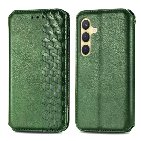 For Samsung Galaxy S25 5G Cubic Grid Pressed Magnetic Leather Phone Case(Green)