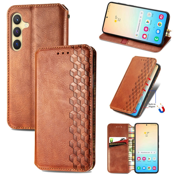 For Samsung Galaxy S25 5G Cubic Grid Pressed Magnetic Leather Phone Case(Brown)