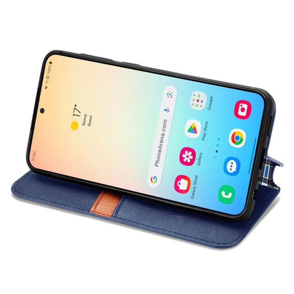 For Samsung Galaxy S25+ 5G Cubic Grid Pressed Magnetic Leather Phone Case(Blue)