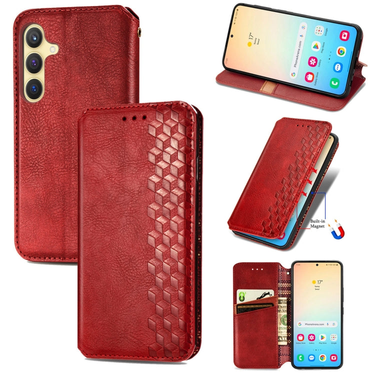 For Samsung Galaxy S25+ 5G Cubic Grid Pressed Magnetic Leather Phone Case(Red)