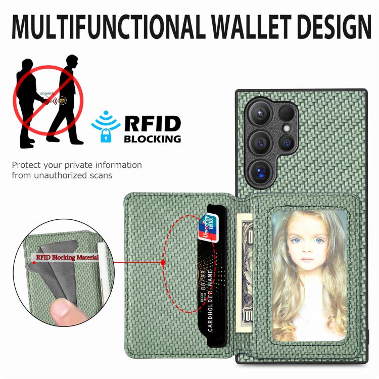 For Samsung Galaxy S25 5G Carbon Fiber Magnetic Card Wallet RFID Blocking Phone Case(Khaki)