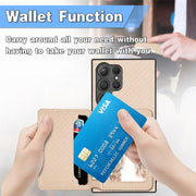 For Samsung Galaxy S25 5G Carbon Fiber Magnetic Card Wallet RFID Blocking Phone Case(Khaki)