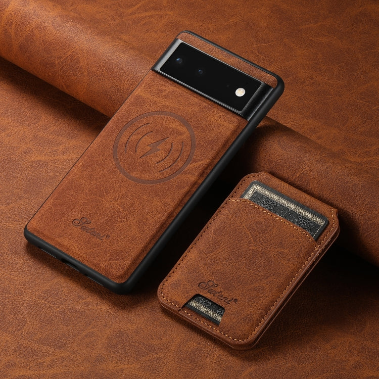 For Google Pixel 6a Suteni H16 Litchi Texture Leather Detachable Wallet Back Phone Case(Khaki)