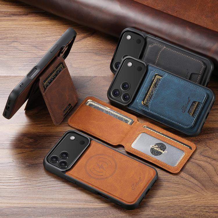 For iPhone 16 Plus Suteni H16 Litchi Texture Leather Detachable Wallet Back Phone Case(Khaki)
