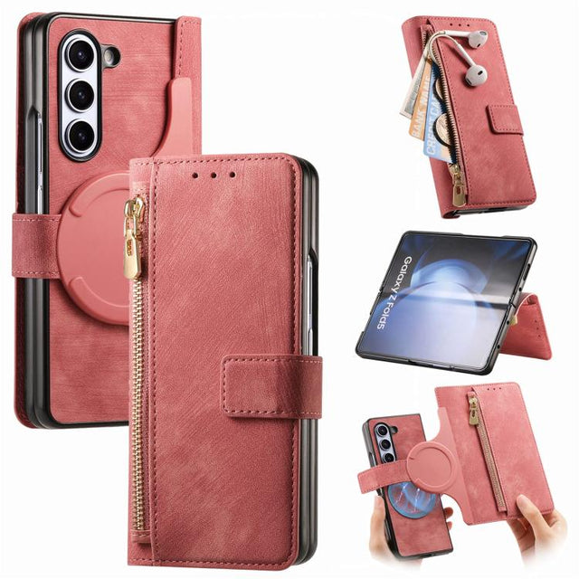 For Samsung Galaxy Z Fold5 5G Retro MagSafe Magnetic Zipper Wallet Leather Phone Case(Pink)